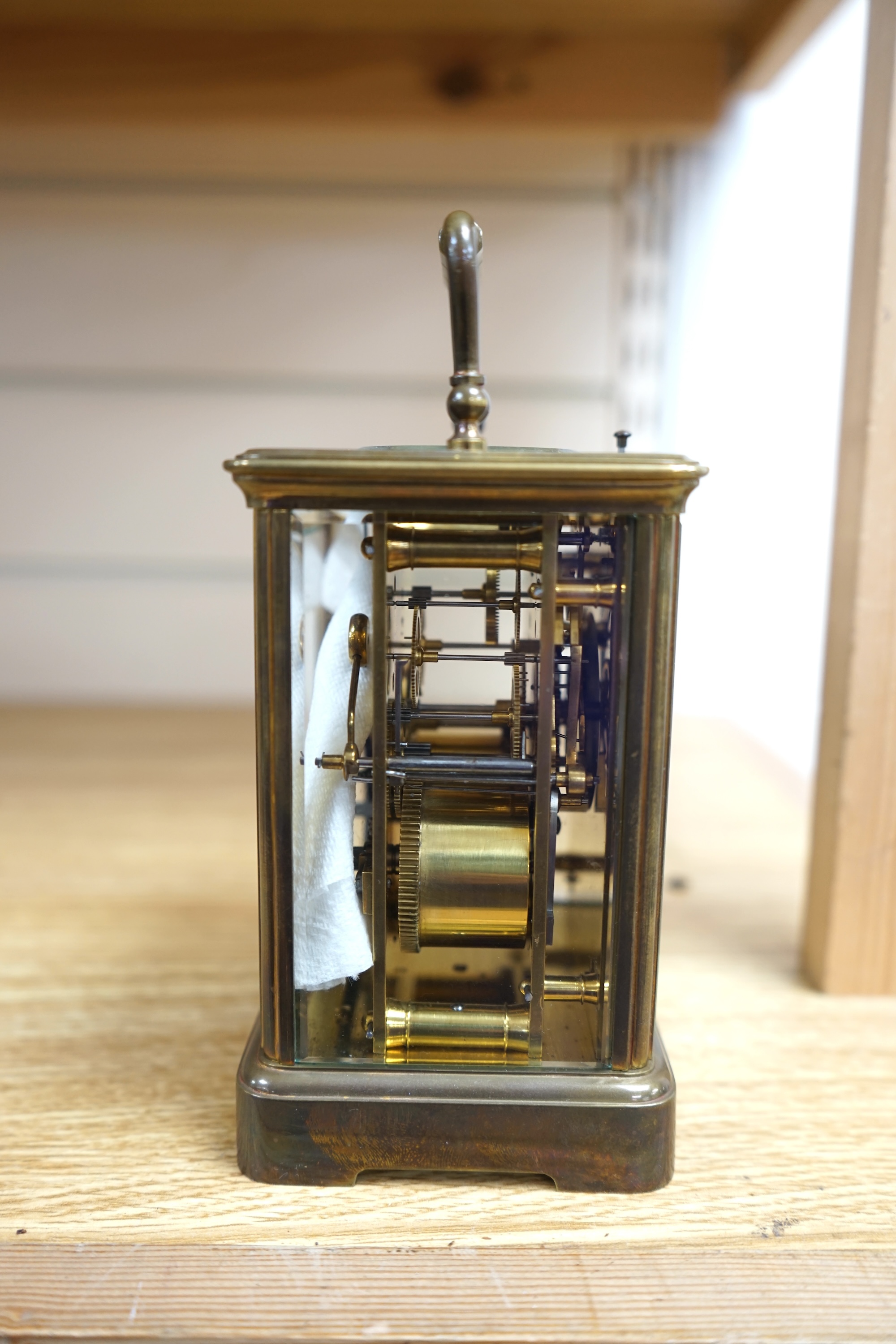 A Marshall & Sons repeating brass cased carriage clock, no key, 17cm high. Condition - fair, untested